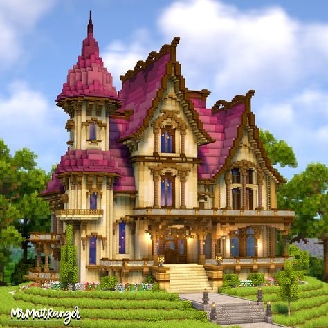 A Minecraft Fantasy Mansion with a full Interior! You can download this build on my Patreon, just follow the link! Minecraft Fantasy Mansion, Minecraft Magical House, Whimsical Minecraft House, Magical Minecraft Builds, Magical Minecraft, Fantasy Minecraft House, Crow Collection, Barnodium Homes, Fantasy Mansion