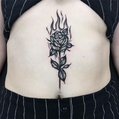 Rose and Flame Sternum Tattoo | Tattoo Ideas and Inspiration Women Sternum Tattoo, Sternum Tattoo Ideas, Sternum Tattoos, Sternum Tattoo Design, Single Rose Tattoos, Traditional Tattoo Flowers, Art Flash, Rose Tattoos For Men, Men Tattoos Arm Sleeve