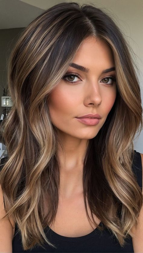 Medium Brown Hair With Balayage Blonde, Brunette With Champagne Highlights, Celebrity Layered Hairstyles, Brunette On Top Blonde Underneath, Mocha Bronde Balayage On Brown Hair, Summer Hair 2024 Bronde, Fall 2024 Womens Hair, Summer Hair Brunette Balayage, Balayage For Long Dark Brown Hair