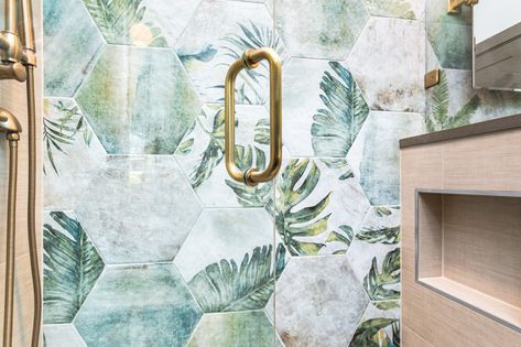 In the blink of an eye, this bathroom design will transport you to a peaceful and tropical escape. #dreamhomedesign #customdesigns #interiorideas #interiordesignnc #bathroomremodel #tropicalroom #tropicalescape #tropicalbathroom #bathroomdreams Hexagon Bathroom Tile, Hexagon Bathroom, Tropical Tile, Saint Coloring, Tropical Bathroom, Full Bathroom Remodel, Bathroom Remodels, Tropical Oasis, Bathroom Tub