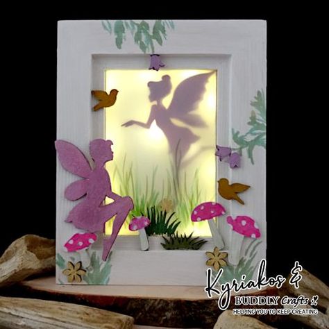 Chipboard Fairies Nightlight | Buddly Crafts Fairy Picture Frame Diy, Paint Mirror, Sitting Fairy, Painting Mirror Frames, Hinged Picture Frame, Flying Fairy, Magical Fairies, Fairy Photography, Baby Picture Frames