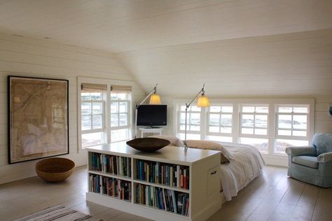 This former general store is now a gorgeous ocean-front cottage - Cottage Life Bed In Front Of Dormer Window, Bed In Middle Of Room Ideas, Bed In Center Of Room, Centered Bed, Bed In Middle Of Room, Wall Headboard, Storage Ikea, Modern Bunk Beds, Maine Cottage