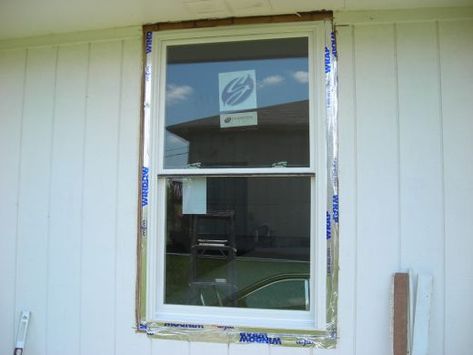 TAPING OVER THE NEW FLANGES TO THE SIDING New Construction Windows, Trim Windows, Window Construction, House Addition, Window Repair, Window Replacement, Home Fix, Building A Shed, Windows Exterior