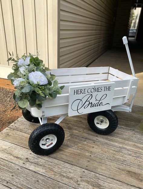 Dog In Wagon For Wedding, Radio Flyer Wedding Wagon Ideas, Wagon Ring Bearer, How To Decorate A Wagon For A Wedding, Flower Girl Wagons, Wedding Wagon Ideas, Wagons For Weddings, Baby Wagon Wedding, Wagon For Wedding Baby