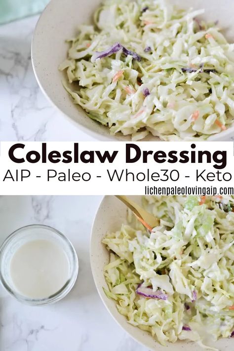 This creamy coleslaw dressing is incredibly easy to make with only four ingredients. It’s also #AIP #paleo #whole30 #keto and #dairyfree Gf Coleslaw Recipe, Coleslaw Meal Prep, Traveling On Aip Diet, Gluten Free Coleslaw Recipe, Healthy Coleslaw Recipes, Aip Diet Recipes, Cabbage And Carrots, Healthy Coleslaw, Potluck Side Dishes