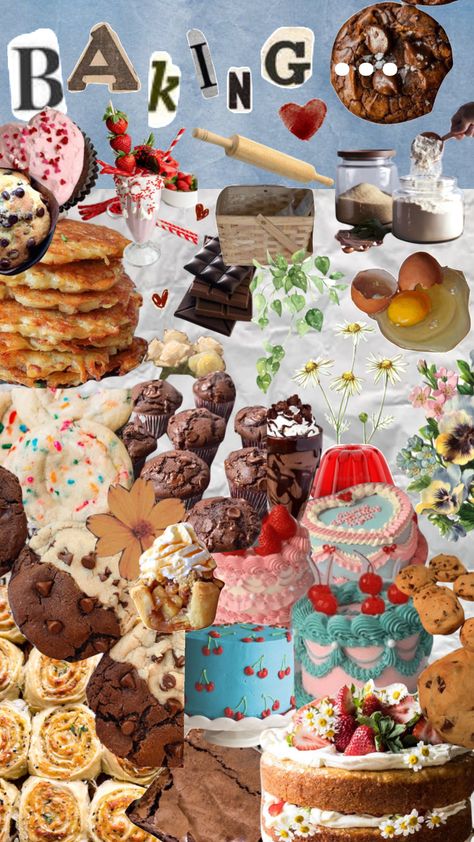 Baking Moodboard, Baking Poster Ideas, Dessert Mood Board, Baking Collage, Cooking Aesthetic Collage, Baking Aesthetic Collage, Healthy Food Collage, Dessert Collage, Aesthetic Baking Recipes Written