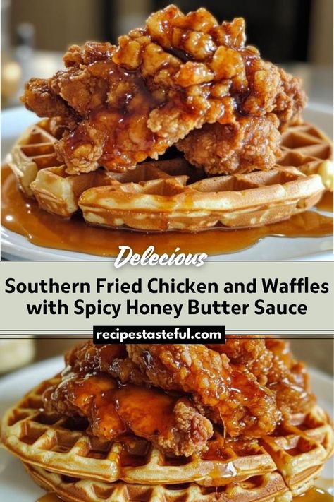 This Southern Fried Chicken and Waffles recipe combines crispy, savory fried chicken with fluffy waffles, all topped with a rich and spicy honey butter sauce. It's a comforting and indulgent meal perfect for brunch or a hearty breakfast. Chicken And Waffles Recipe Easy, Fried Chicken And Waffles Recipe, Waffles Recipe Easy, Spicy Honey Butter, Chicken Waffles Recipe, Honey Butter Sauce, High Protein Dinner Ideas, Chicken And Waffles Recipe, Jamaican Christmas