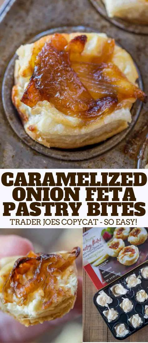 Caramelized Onion Feta Pastry Bites from Trader Joe's are one of their most popular frozen appetizers (and most expensive) and they're easy to make at home! Feta Pastry, Copycat Dinner, Pilsbury Recipes, Pastry Bites, Pepperoni Recipes, Food Comfort, Friendsgiving Food, Frozen Appetizers, Cheese Bites