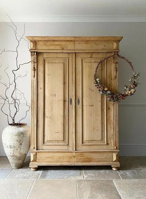 Armoire In Living Room, Amber Interiors Shoppe, Armoire Entree, Stop Obsessing, Pine Wardrobe, Armoire Makeover, Antique Storage, Vintage Armoire, Wood Armoire