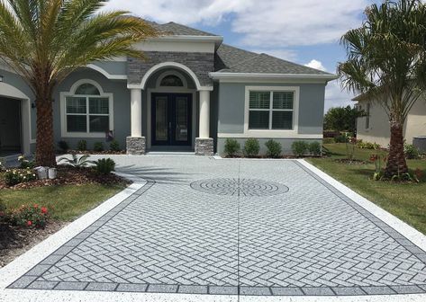 Stencil Concrete Driveway, Stencil Concrete Driveway Ideas, Stenciled Concrete Driveway, Black Stamped Concrete Driveway, Stenciled Driveway, Stamp Concrete Driveway, Front Garden Ideas Driveway Entrance, Driveways Ideas, Imprinted Concrete Driveway