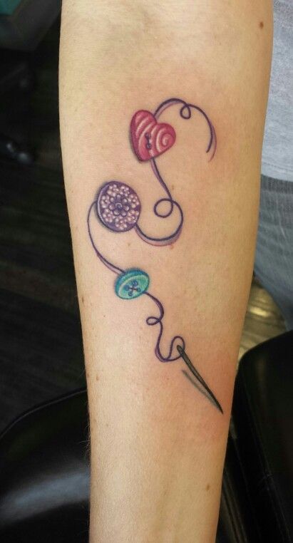 Sewing Tattoo Design, Sewing Machine Tattoo, Infinity Tattoo With Feather, 27 Tattoo, Sewing Tattoos, Tree Colour, Knitting Tattoo, Grandma Tattoos, Button Tattoo