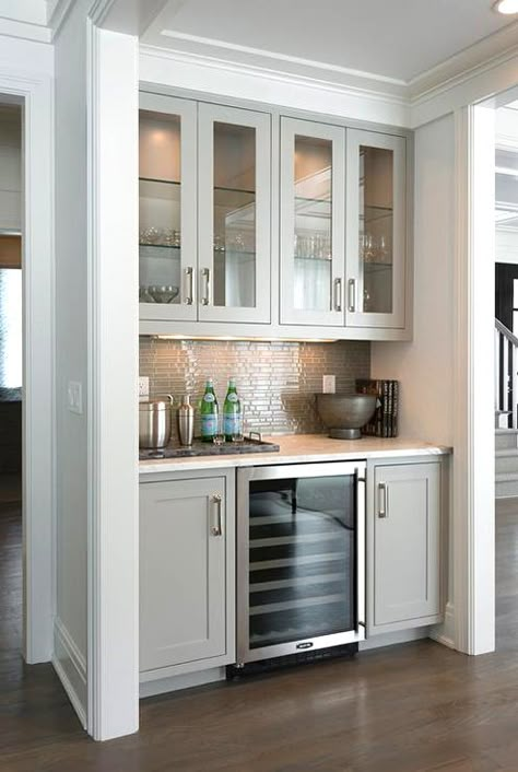 Gray Bar Nook built in Bar Nook, Kitchen Bar Design, Bar In Casa, Interior Design Minimalist, Built In Bar, Home Bar Designs, Transitional Living, Living Room Bar, White Marble Countertops