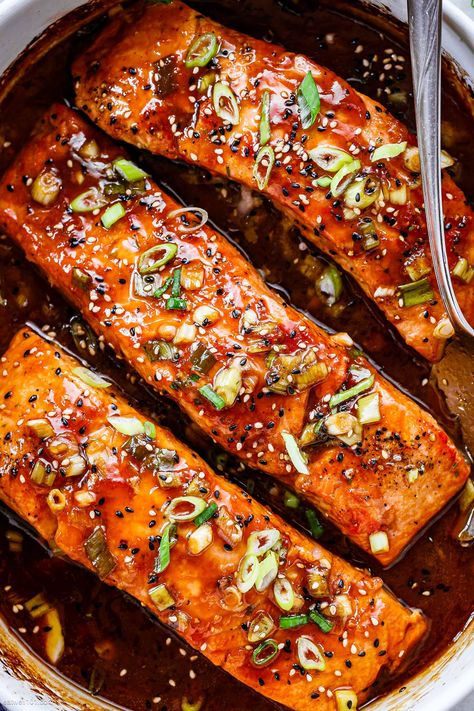 Teriyaki Glazed Salmon Recipes, Sweet Teriyaki Salmon, Fillet Of Salmon Recipes, Baked Salmon Asian Style, Spicy Teriyaki Salmon, Teriyaki Salmon Recipes Baked, Boneless Skinless Salmon Recipes, Baked Asian Salmon, Shrimp Salmon Recipe