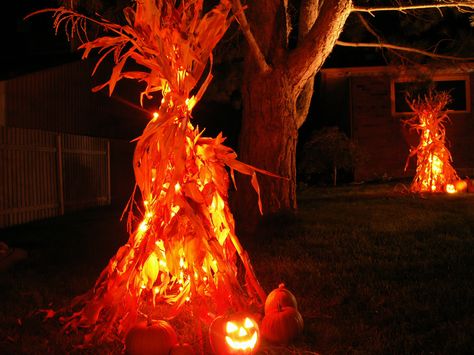 They are simple orange string lights (xmas light style) tangled in around the corn. I found them at a yard sale. I came across a whole box full of Halloween lights that day. There is also an orange colored floodlight shining on the corn. Orange String Lights, Halloween Diy Outdoor, Halloween Decor Diy, Halloween Outside, Halloween Decorations Diy Outdoor, Xmas Lights, Halloween Yard, Theme Halloween, Halloween Lights