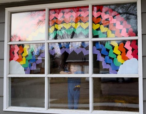 Easter Window Display, Heart Window, Classroom Window, School Library Displays, School Organisation, Rainbow Window, Under The Rainbow, Colorful Hearts, Rainbow Room