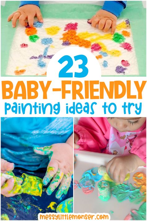 Baby Painting Ideas Messy Infant Activities, Baby Finger Paint Ideas, Infant Painting Ideas, Toddler Fingerpainting Ideas, Baby Painting Ideas, Mess Free Painting For Baby, Infant Art Projects, Baby Finger Paint, Mess Free Painting Toddlers