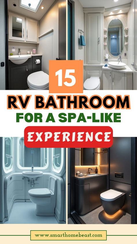 Four modern RV bathroom designs featuring space-saving solutions and luxury elements, including floating vanities, LED lighting, and elegant fixtures in white, gray, and black color schemes. Rv Wet Bath Ideas, Camper Bathroom Remodel, Wet Bathroom Ideas, Rv Bathroom Remodel, Camper Bathroom, Bathroom Makeovers, Rv Bathroom, Design Tricks, Small Rv