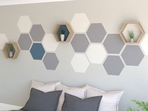 Paint Feature Wall, Hexagon Painting, Feature Wall Paint, Painted Feature Wall, Hexagon Wall, Feature Wall Bedroom, Wall Feature, Painting Tool, Diy Wall Painting