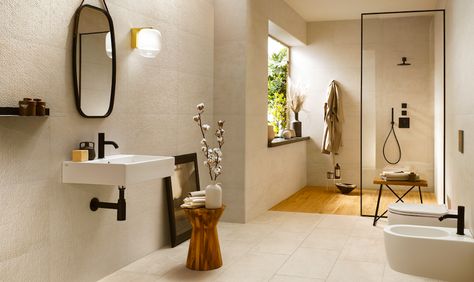 Josies Bathroom In Lija Giving Away €200 In Bathroom Accessories Beige Bathroom Tiles, Bathroom Porcelain, Current Interior Design Trends, Stripped Wallpaper, Botanical Bath, Atlas Concorde, Beige Tile, Beige Bathroom, Downstairs Toilet