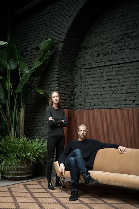 David Lopez Quincoces and Fanny Bauer Grung portrait. Photo by Alberto Strada. Desain Pantry, Brick Interior, Design Club, Loft Interior, Brick Texture, Painted Brick, Green Interiors, Milan Italy, Restaurant Interior