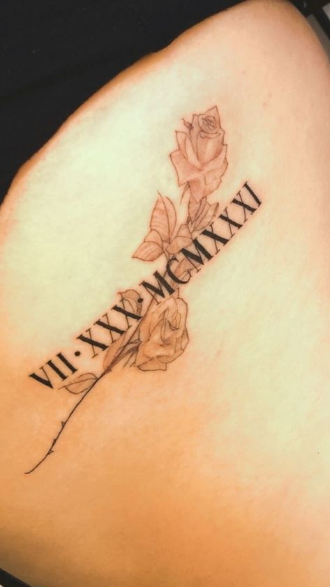 Roman Numeral Flower Tattoo, Flower Roman Numeral Tattoo, Rib Rose Tattoo, Coller Bone Tattoos Women, Roman Numeral Tattoo With Flowers, Best Rose Tattoo, Rose Tattoo Ideas, Roman Numeral Tattoo, Numeral Tattoo