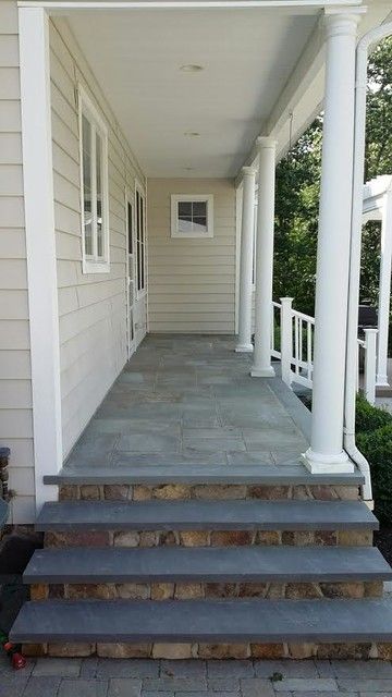 Bluestone Porch - Stone Veneer - Traditional - Porch - New York - by DRS Lawn & Landscape | Houzz Slate Porch Entrance, Stone Veneer Front Porch, Porch Stone Ideas, Blue Stone Front Porch, Bluestone Front Porch, Tile On Front Porch, Stone Porch Ideas, Porch Flooring Ideas, Bluestone Porch