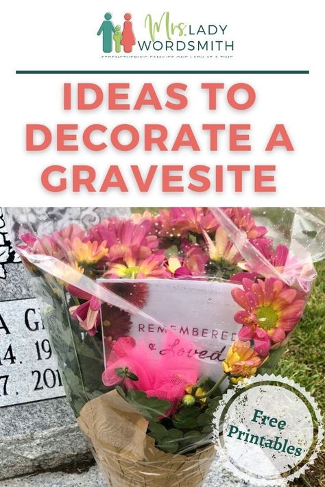 These fun flower picks are cute with any floral arrangement or simply poked into the ground. Decorate a loved one's gravesite with these professionally designed printables. Free instant download. Perfect for Memorial Day. Diy Grave Markers Ideas, Grave Memorial Ideas Cemetery, Decorating Grave Sites Ideas Diy, Diy Grave Decorations, Grave Site Ideas Diy, Decorating Grave Sites Ideas, Gravestone Ideas, Cemetery Decorations, Grave Decorations