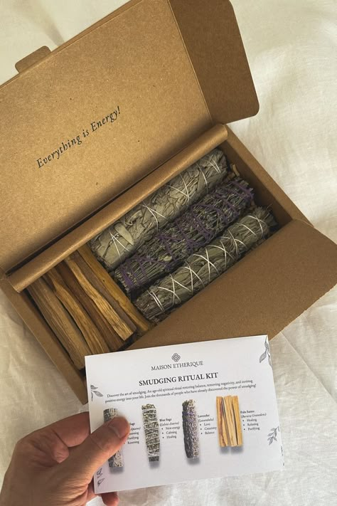 Smudging Ritual Kit White sage, Blue Sage, Lavender , Palo Santo Reiki Business, Cleanse Your Space, Yoga Studio Design, Sage Blue, Meditation Accessories, Crystal Room, Instagram Tools, Energy Cleansing, Candles Photography