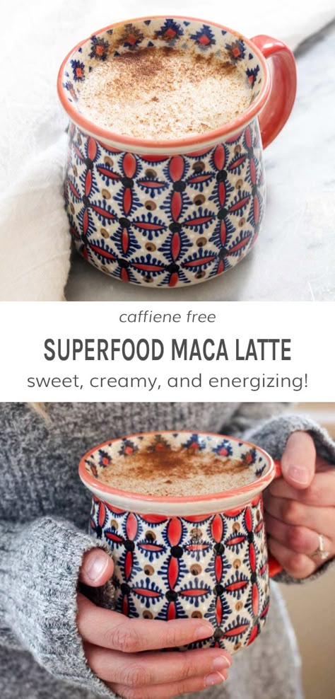 This Superfood Maca Latte is a sweet and creamy pick me up that gives you energy without the crash that comes with caffeine. Maca has been known to increase energy, regulate hormones, and reduce inflammation. Easy to make with 5 ingredients and 1 simple step! Naturally sweetened with dates and tastes like a healthy caramel latte! #macalatte #adaptogeniclatte #adaptogenlatte #caramellatte | DarnGoodVeggies.com Maca Powder Recipes, Maca Powder Recipe, Maca Latte, Maca Recipes, Regulate Hormones, Carob Powder, Maca Powder, Usa Food, Vegan Drinks