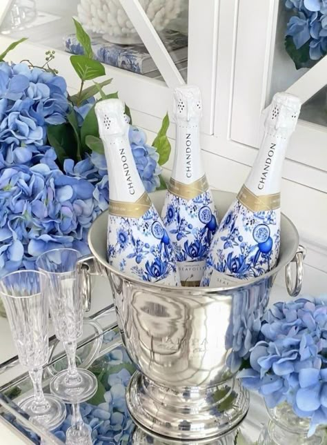 Chinoiserie Wedding, Blue White Weddings, Luxe Furniture, Bridal Shower Inspo, Hamptons Coastal, Something Blue Bridal, Blue Bridal Shower, Wedding Champagne, Champagne Bucket