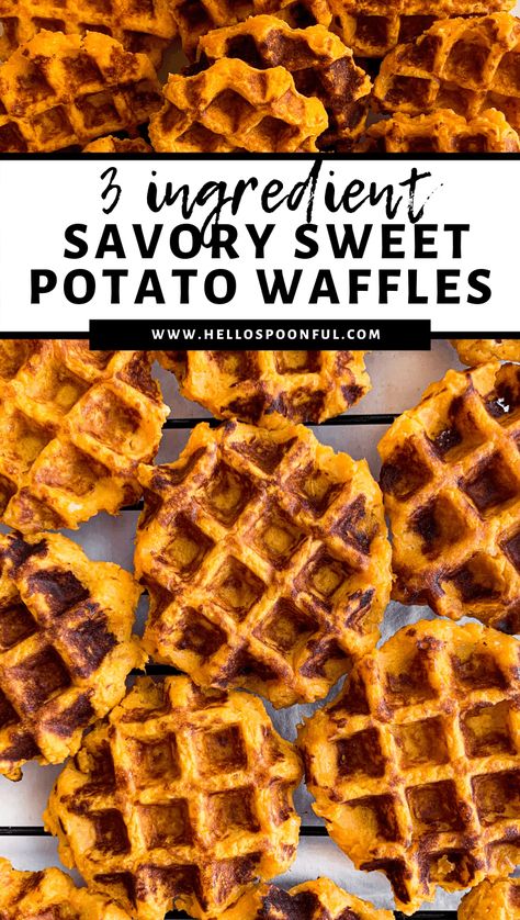 These Cheesy Sweet Potato Waffles are made using just three ingredients. Serve these savory waffles with avocado dip for breakfast, brunch or an appetizer. #brunch #waffles #sweetpotato #sweetpotatowaffles #easyrecipes #savorywaffles Paleo Sweet Potato Waffles, Gluten Free Sweet Potato Waffles, Sweet Potato Chaffle, Sweet Potato Waffles Healthy, Cheesy Sweet Potato, Sweet Potato Dishes, Prep Food, Potato Waffles, Waffle Maker Recipes