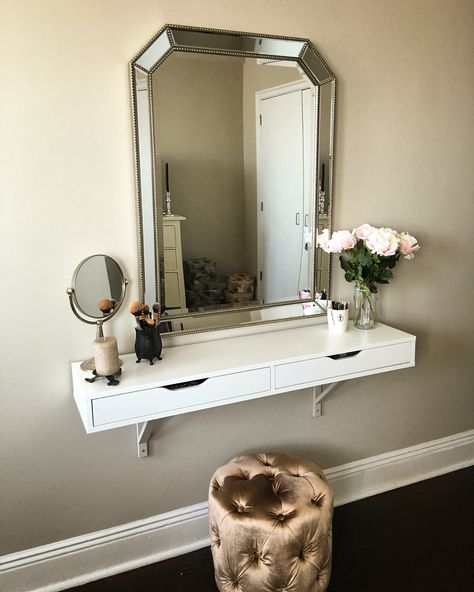 IKEA Ekby Alex shelf as vanity - painted brackets my wall color. Ekby Alex Shelf, Ikea Ekby, Dressing Table Design, Diy Vanity, Mirror On The Wall, Makeup Rooms, Bedroom Vanity, Makeup Table, Vanity Desk