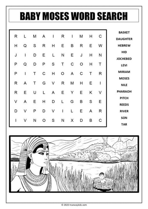 Challenge your teens to find the hidden words in this Bible word search on the story of Baby Moses! Perfect for a Bible study lesson at home or church, this worksheet will help your teens gain a deeper understanding of Exodus 1-2. #BibleLesson #BabyMoses #Exodus1-2 #TeenBibleStudy #Printables Moses Lessons For Kids, Moses Activities For Kids, Moses Activities, Moses Bible Activities For Kids, Baby Moses Craft, Moses Bible, Moses And The 10 Plagues Lesson, Moses Activity Sheets, Bible Activity Sheets