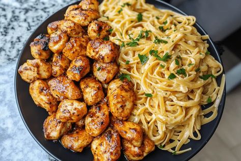 Try Golden Garlic Butter Chicken with Creamy Parmesan Linguine! Tender chicken in a buttery garlic sauce paired with creamy Parmesan pasta. Garlic Butter Chicken Bites With Lemon Pasta, Garlic Butter Chicken With Parmesan Rice, Garlic Butter Chicken With Lemon Parmesan Pasta, Garlic Butter Chicken Bites With Pasta, Chicken Linguine Recipes, Parmesan Linguine, Chicken With Garlic Sauce, Creamy Parmesan Pasta, Creamy Garlic Chicken Pasta