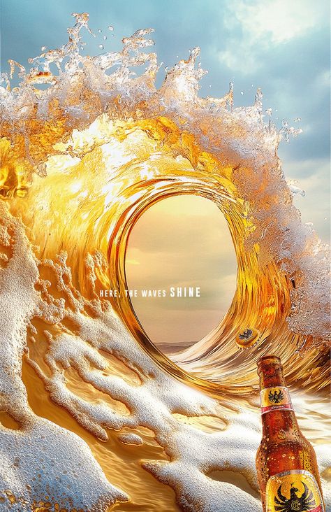 Golden Waves - Cerveza Imperial :: Behance Wave Poster Design, Beer Campaign, Bottle Ads, Beer Aesthetic, Beverage Ads, Tiger Beer, Photo Booth Design, Beer Ads, Beverage Poster