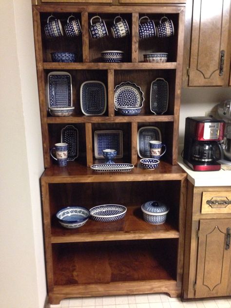 Hutch made by my son for Christmas. Love my Polish Pottery! Polish Pottery Display Ideas, Polish Pottery Display, Pottery Display Ideas, Portuguese Ceramics, Pottery Display, Pottery Inspo, Christmas Love, Polish Pottery, Display Ideas