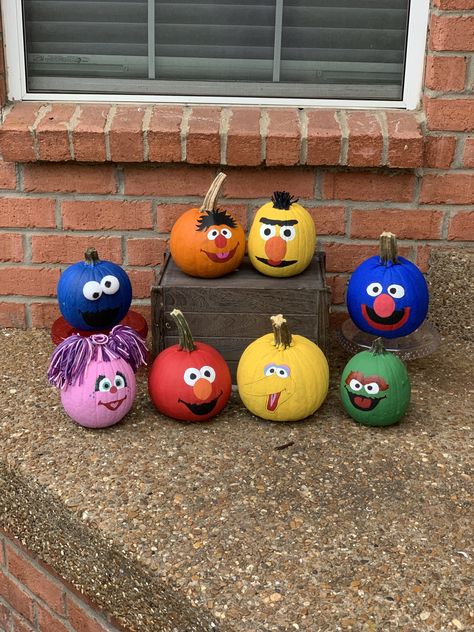 Sesame Street Painted Pumpkins Painted Mini Pumpkins Halloween, Sesame Street Halloween Party, Paint Pumpkins Kids, Pumpkin Competition, Sesame Street Decorations, Disney Pumpkin Painting, Pumpkin Painting Party, Halloween Pumpkin Crafts, Creative Pumpkin Painting