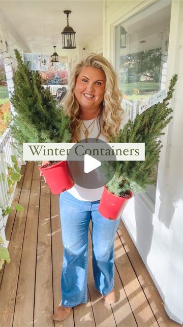 Skye Hamilton • Home & Garden • Hydrangea Queen on Instagram: "Dwarf Alberta Spruce anchors the center of all my porch containers year round. They are the perfect evergreen to plant around, and they are especially fabulous during the holidays. Especially since they are readily available in the nursery section of the big box stores in the Christmas area. They are the same ones they have all year they just put them in a red pot. Follow along as I do up my outdoor containers for the holidays 🌲🎁 #containergardening #holidaycontainers #christmaspots" Christmas Pot Filler Ideas, Fountains Decorated For Christmas, Christmas Evergreen Pots, Christmas Tree In Pot Ideas, Alberta Spruce In Containers, Christmas Tree Urns Outdoor, Christmas Tree In Planter Outside, Front Porch Christmas Planter Ideas, Christmas Urn Filler Ideas