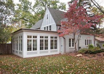 Exterior trim on sunroom...Whole House - traditional - exterior - columbus - Nicholson Builders House With Sunroom Exterior, Cottage With Sunroom Exterior, Colonial Sunroom Addition, Brick House With Sunroom, Sunroom Exterior, White Sunroom, Hawthorne House, Porch Windows, Bedroom Addition