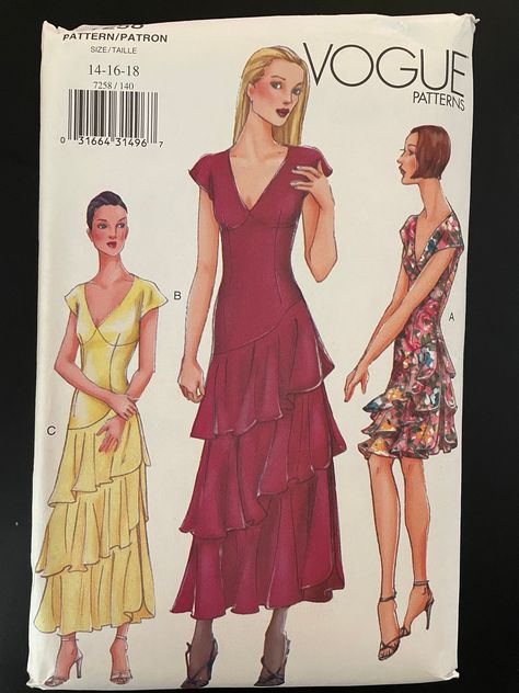 "This is a Vogue pattern for a close fitting dress in two lengths with asymmetrical ruffled tiers.  Size 14-18  Bust 36-40\" Pattern is uncut and factory folded Loc VA  NOTE: We acquire our patterns from the used marketplace. Pattern pieces, instructions, and envelopes can be in a variety of conditions. We do our best to describe the condition of the pattern pieces, but DO NOT always describe the state of the envelope. If the state of the envelope is important to you - PLEASE MESSAGE US so we ca Party Dress Patterns, Vogue Dress Patterns, Vogue Dress, Vogue Sewing, Vogue Sewing Patterns, Vogue Pattern, Fitting Dress, Flounced Dress, Vogue Patterns