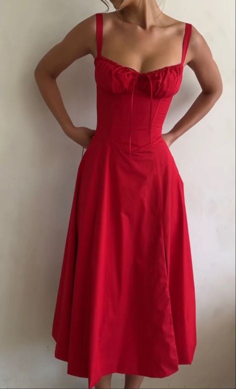 Gormal Dresses, Red French Dress, Red Long Flowy Dress, Red Sundress Aesthetic, Coquet Aesthetic Outfits, Midi Sundress Outfit, Red Dress Aesthetic Casual, Red Summer Dress Aesthetic, Sundress Aesthetic Vintage