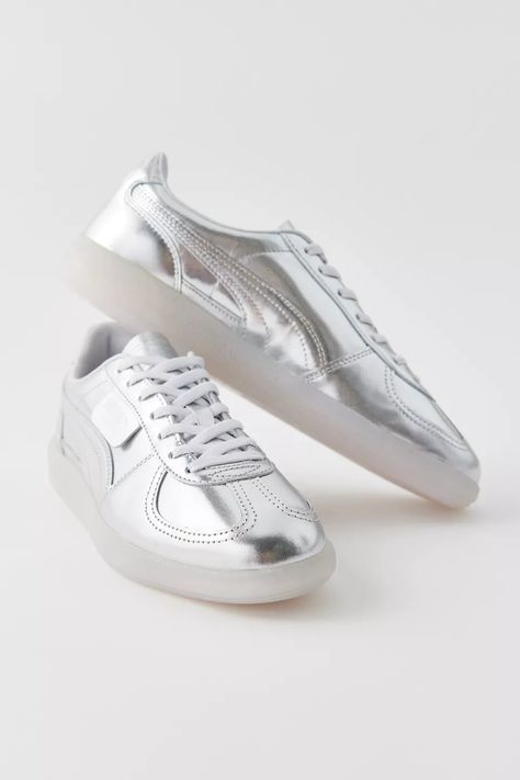 Puma Palermo Chrome Sneaker | Urban Outfitters Slippers Heels, Puma Palermo, Sneakers Slippers, Silver Platforms, Buckle Loafers, Men's Shoes Accessories, Silver Sneakers, Casual Sneakers Women, Knee High Leather Boots