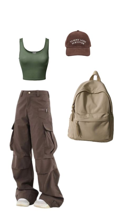 Brown cargos woman, Brown cargos, Olive green outfit, Brown outfit, green crop top, college outfit, basic outfit, backpack, cap, brown cap, olive green aesthetic, brown aesthetic Casual College Outfit, Cargos Outfit, Brown Cargos, Outfit Basic, Cargo Outfit, Backpack Outfit, Brown Crop Top, College Outfit, Brown Backpacks