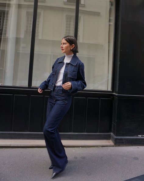 COS on Instagram: “Denim on denim, the COS way. Crafted from organic cotton, style our cropped utility-inspired denim jacket and flared jeans together for a…” Double Denim Outfit Women, Full Denim Outfit Women, Cos Aesthetic, Women Denim Outfits, Cos Outfits Women, Full Jeans Outfit, Dark Denim Jacket Outfit, Dark Denim Outfit, Dark Denim Jeans Outfit