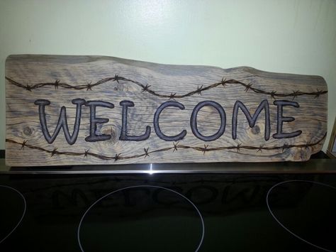 Welcome Sign made from barn wood. . The barbed wire is done by wood burning Woodburning Projects, Welcome Signs, Barbed Wire, Outdoor Ideas, Wood Burning, Barn Wood, Welcome Sign, Wood Signs, Craft Ideas