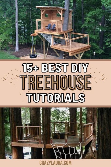 List of Free DIY Tree House Plans #Treehouse #DIY #HomeProjects Treehouse Zipline Tree Forts, Pallet Treehouse Diy, Pallet Tree Houses Diy, Treehouse Platform Ideas, Free Tree House Plans, Fort Building Ideas Outdoor, Treehouse Diy Plans Simple, Kids Play Fort Outdoor, How To Build Tree House