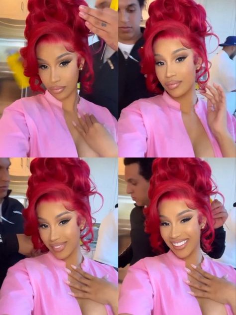 Cardi B Red Hair, Red Half Up Half Down, Cardi B Hairstyles, 21st Birthday Hairstyles, Red Hairstyles, Blonde Updo, Birthday Hairstyles, Bun Updo, Hairstyle Inspo