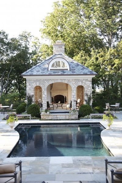 Stone Pool House | Camille Styles |  Stone Pool House, via houzz.com Stone Pool House, Pool Pavilion, Stone Pool, Stone Patio, Dream Pools, Modern Backyard, Beautiful Pools, Beautiful Backyards, Dream Backyard