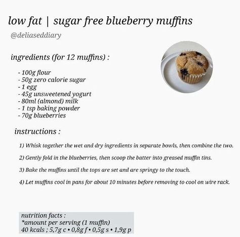 Low Calories Recipe Breakfast, Low Cal Blueberry Muffins, Ãnã Recipes, Lowcal Recipe, Sugar Free Blueberry Muffins, Low Calorie Sweets, Aesthetic Recipes, Food Calories List, Low Cal Dessert