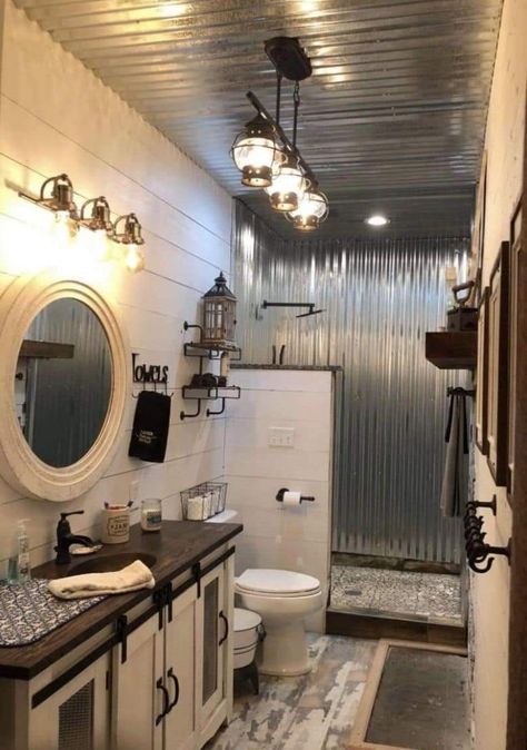 Tin In Shower Rustic Bathrooms, Tin On Walls Ideas Bathroom, Tin Bathroom Ideas Farmhouse, Tin Walls In Bathroom, Tin Bathroom Ceiling, Galvanized Steel Shower Walls, Galvanized Tin Shower Walls, Bathroom With Tin Ceiling, Bathroom With Tin Walls